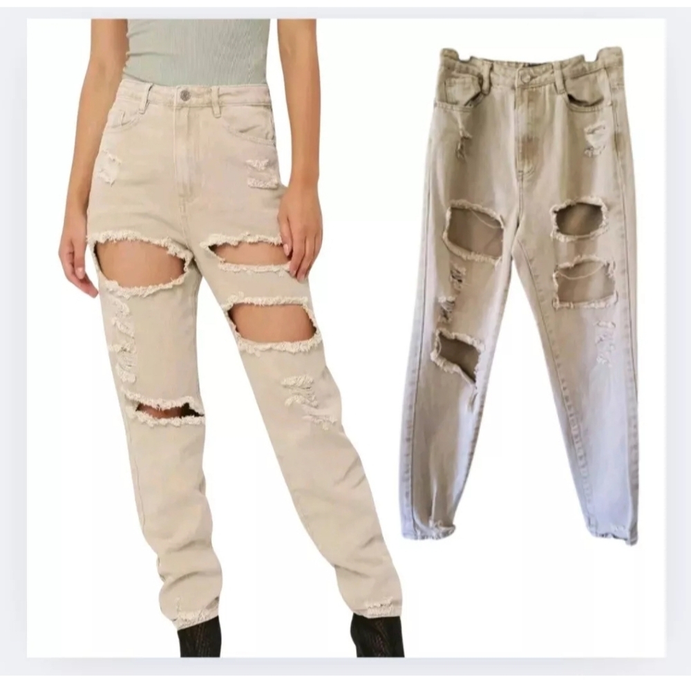 ASOS Missguided Riot Womens SZ 6 High Rise Extreme Ripped Rigid Mom Jeans Sand